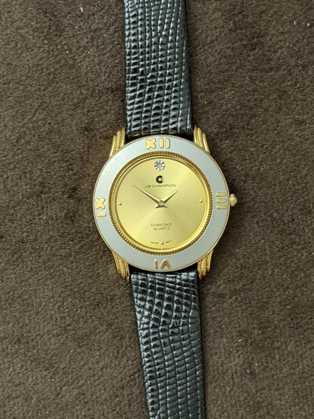 JB Champion Diamond Quartz Analog Watch Gold Dial Roman Numerals Black Leather